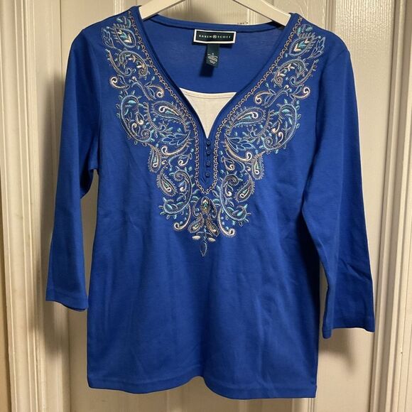 Karen Scott blue t shirt top 3/4 sleeves sz.S - Picture 1 of 6